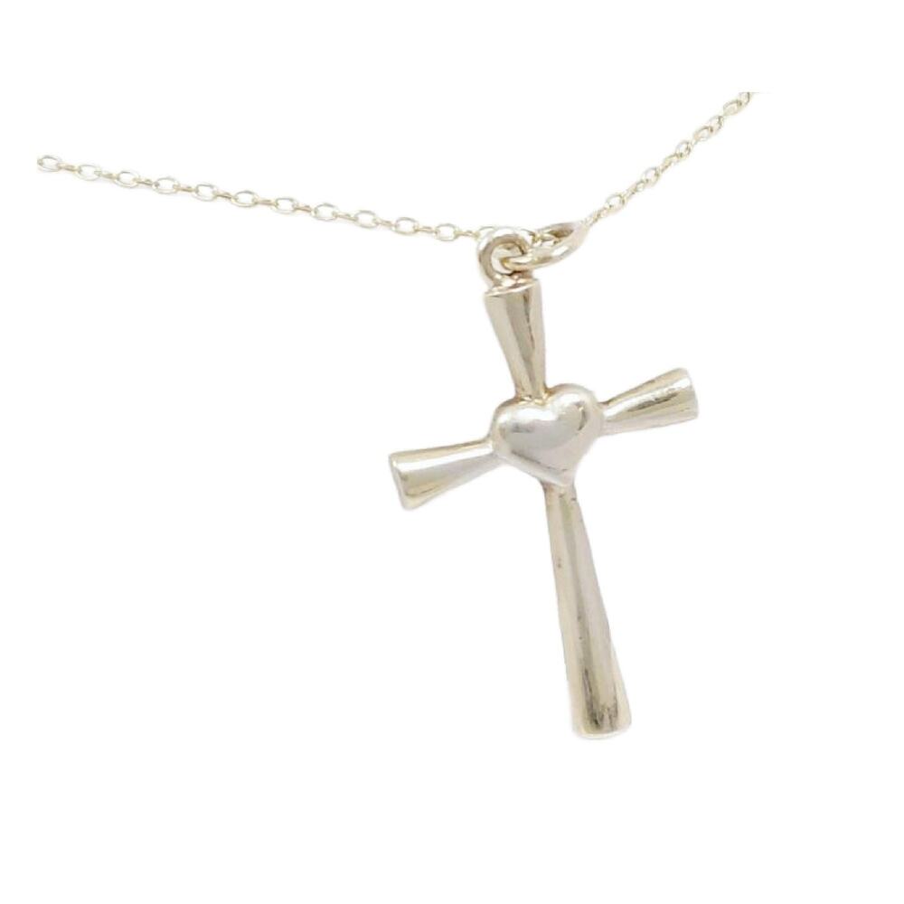 Vintage Sterling Silver Heart Cross Pendant Necklace